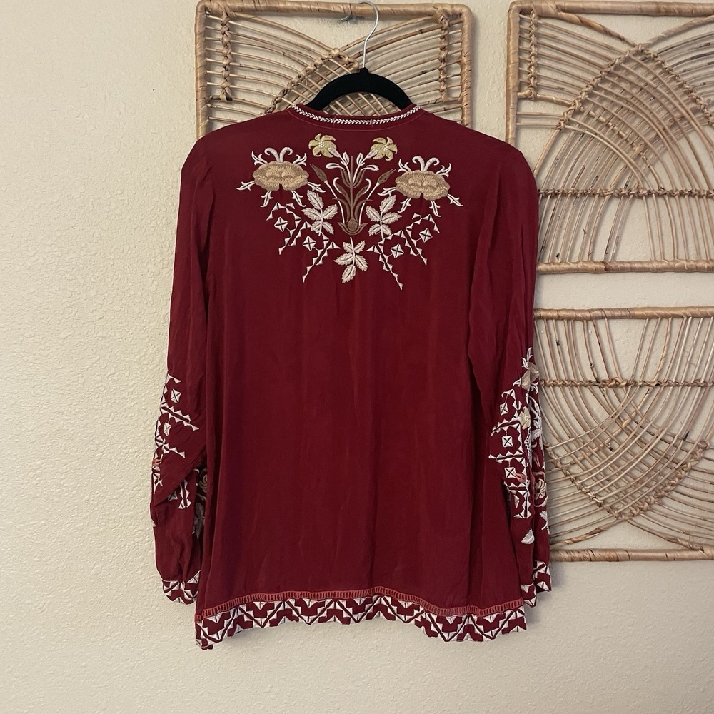 Johnny Was Wine Red Floral Embroidered V-Neck Blouse - Picture 5 of 13